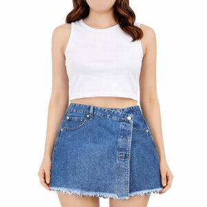 JustUSA Skirt Womens SP Blue Denim Asymmetrical Button Raw Hem Y2K Boho Cowgirl